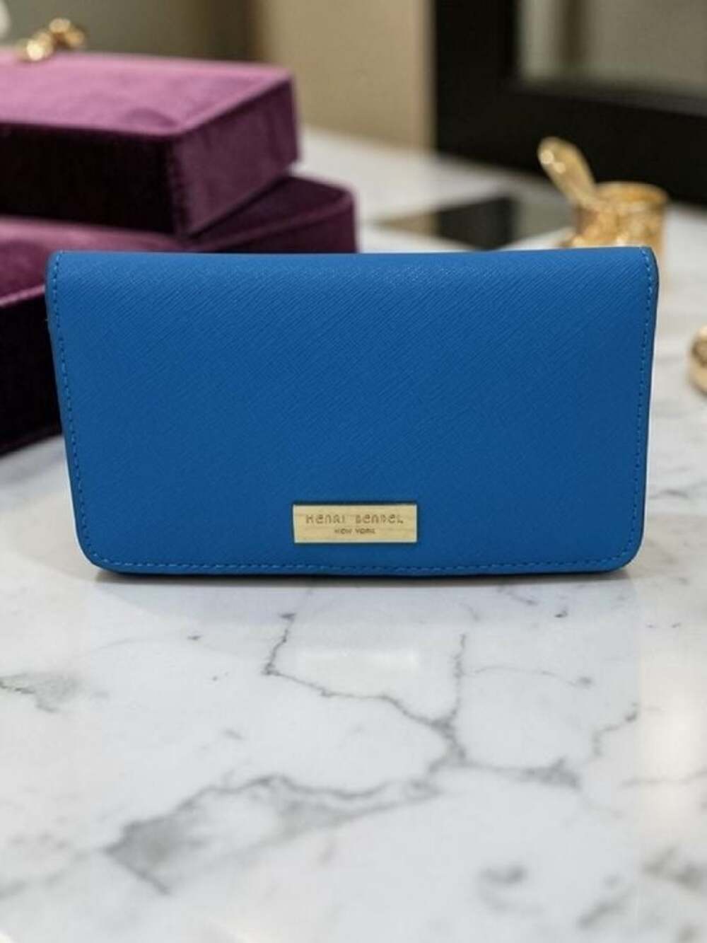Henri Bendel Blue Saffiano Leather Wallet & Dust Bag